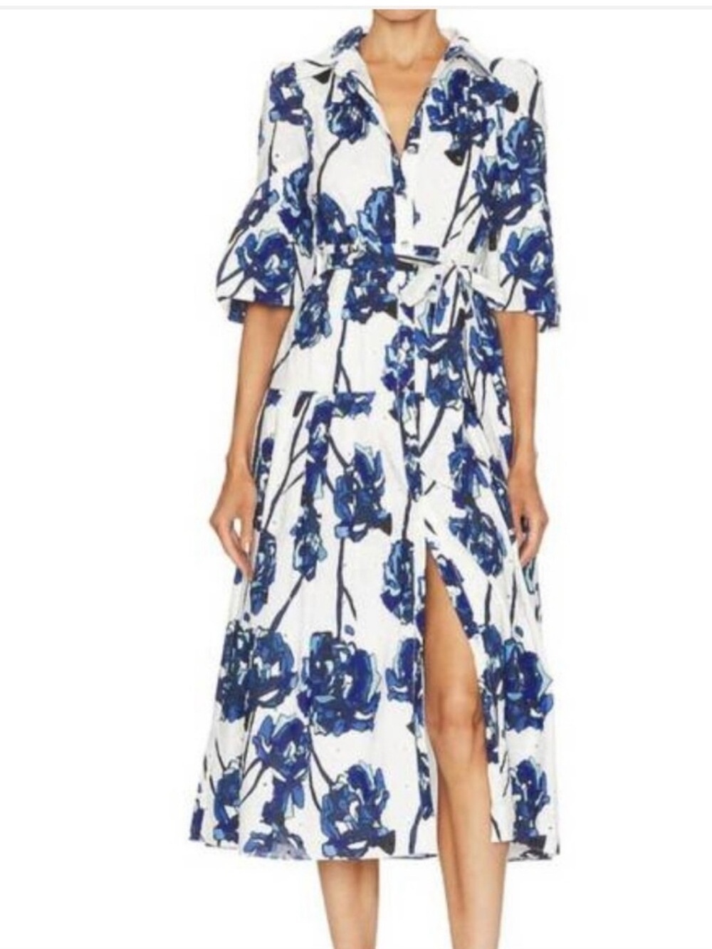 Diane Von Furstenberg Aveena blue floral tie- waist eyelet midi shirt dress